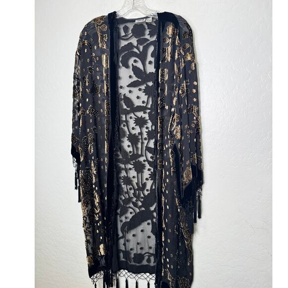 Chicco's Vintage Silkblend Black Beaded Floral Fringe Cardigan Kimono Size M/L - Picture 1 of 7